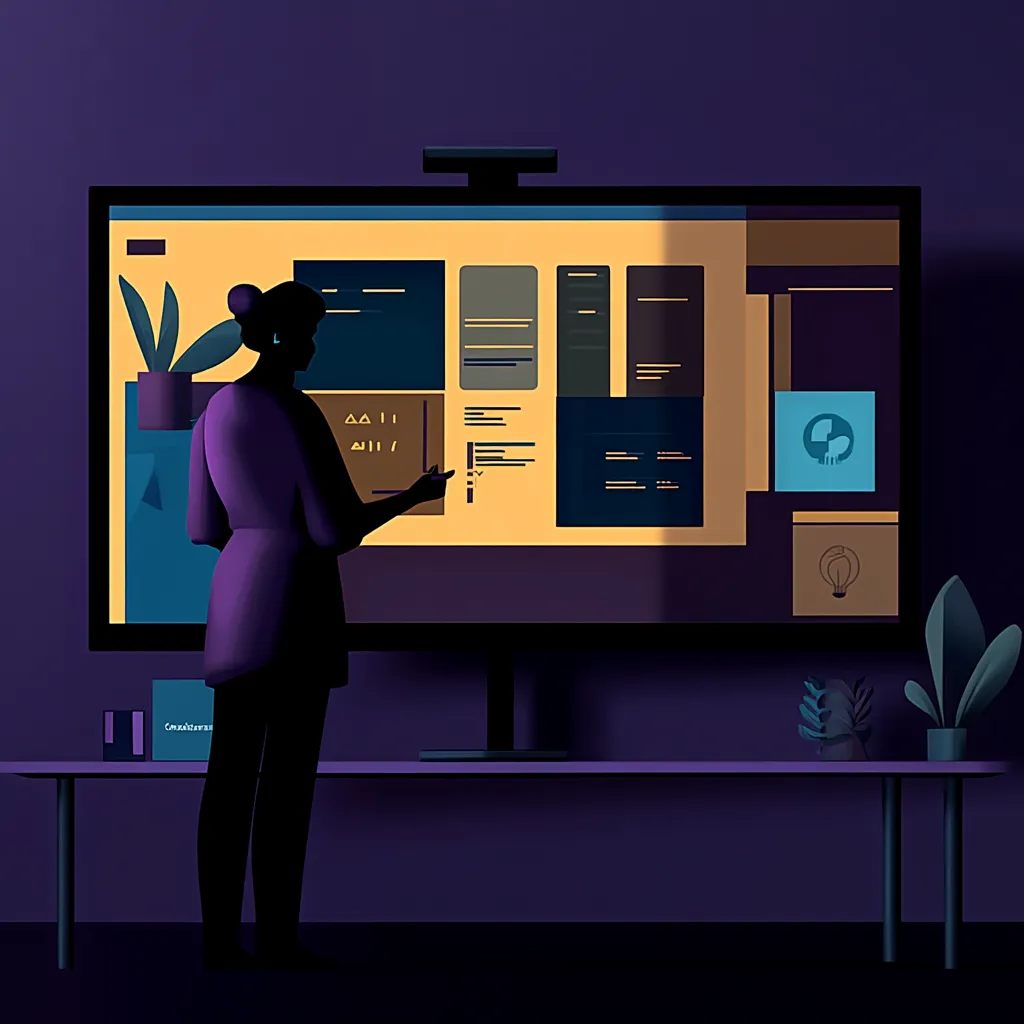 Illustrated character in front of a board listing her objectives.