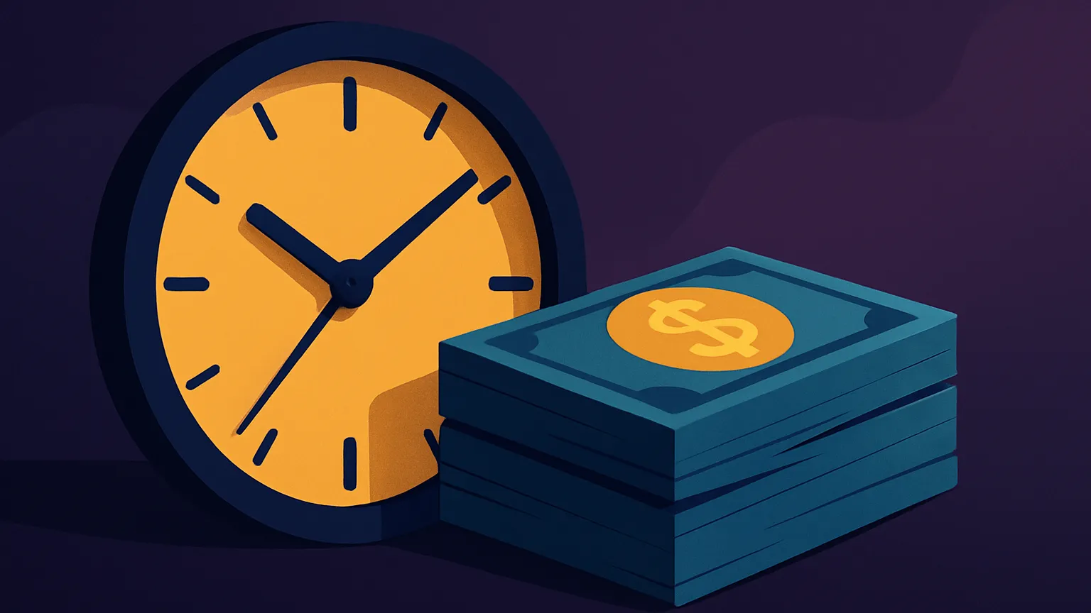 Illustration of a clock and a pile of dollars.